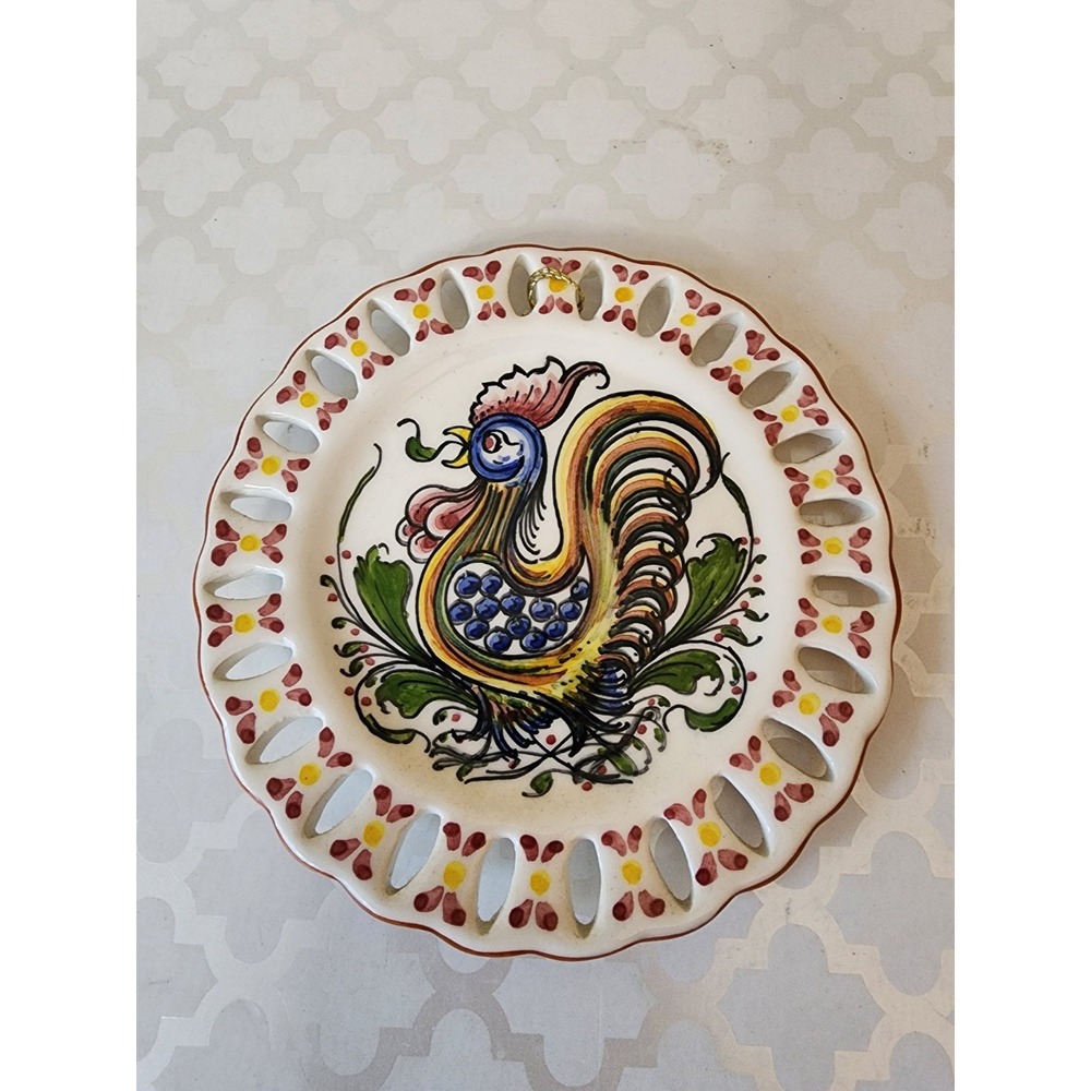 Vtg Rooster Barcelos Hand Painted Reticulated Edge Plate Signed Lisbon Portugal
